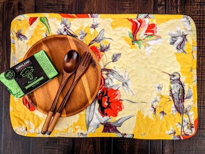 DaDa Bedding Radiant Sunshine Yellow Floral Dining Table Placemats - Set of 4-Pieces Quilted Hummingbirds Farmhouse Red Flowers - 13 x 19-4