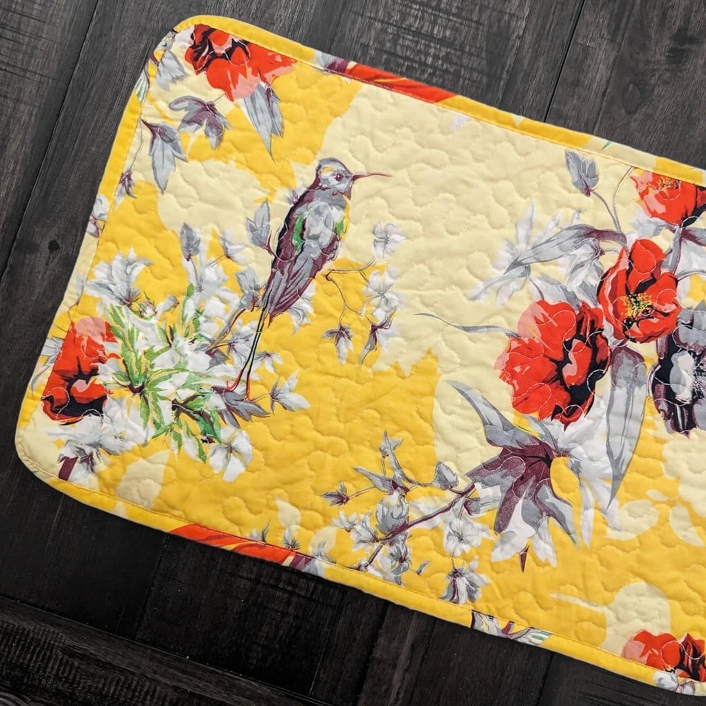 DaDa Bedding Radiant Sunshine Yellow Floral Dining Table Placemats - Set of 4-Pieces Quilted Hummingbirds Farmhouse Red Flowers - 13 x 19-2