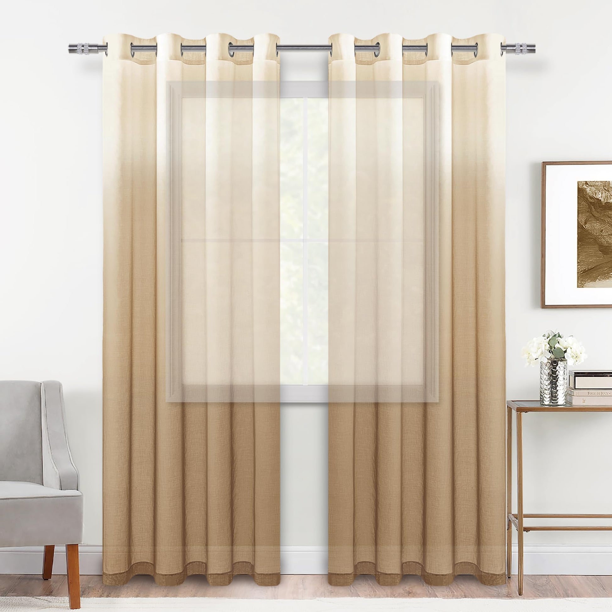 DWCN Faux Linen Ombre Sheer Curtains, Set of 2 Panels-6