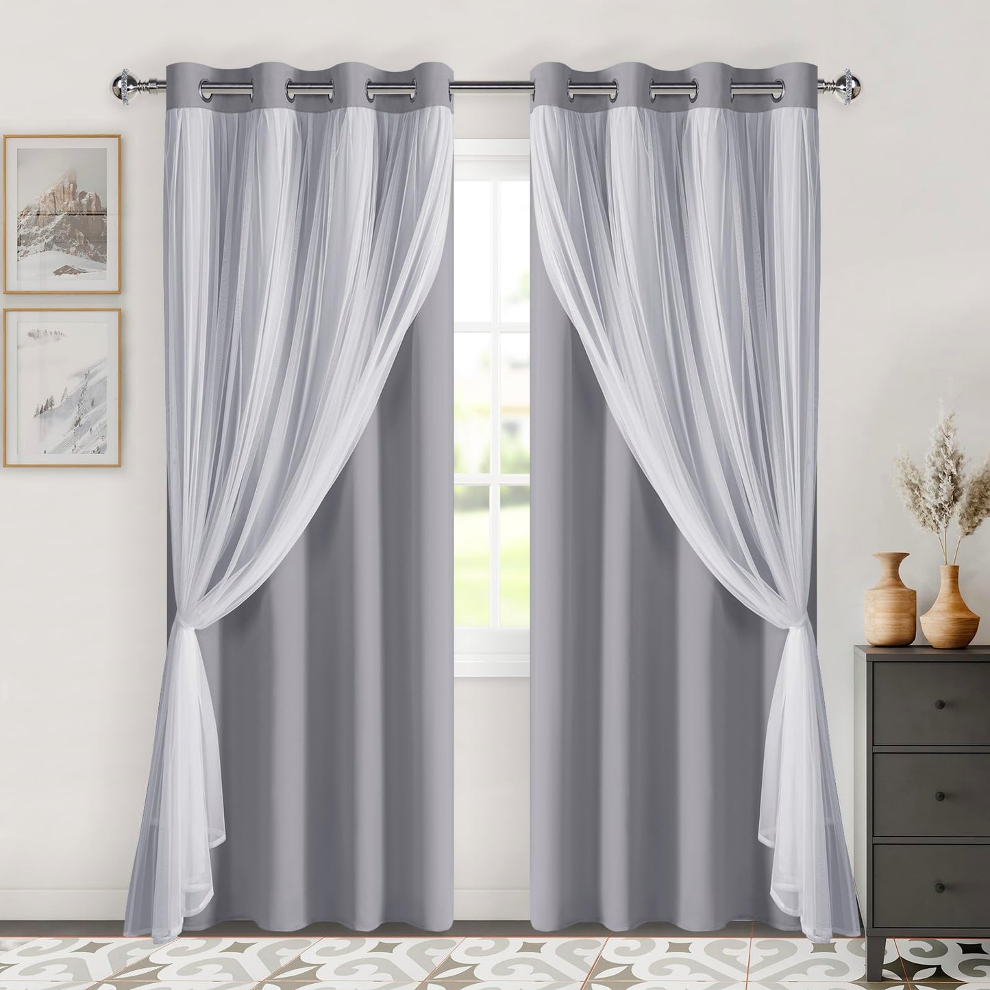 DWCN Layered Curtains, Blackout and Sheer Curtains with Tiebacks, 2 Pieces-8