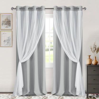 DWCN Layered Curtains, Blackout and Sheer Curtains with Tiebacks, 2 Pieces-2