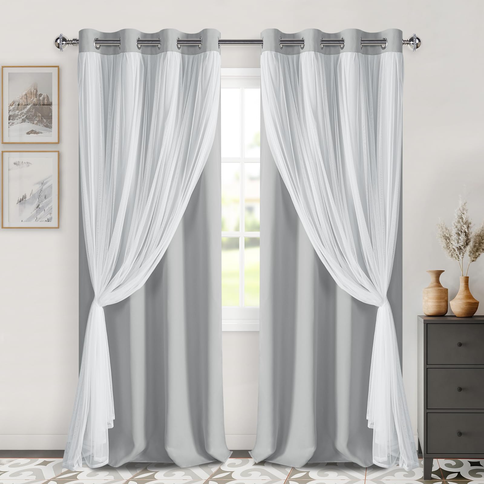 DWCN Layered Curtains, Blackout and Sheer Curtains with Tiebacks, 2 Pieces-9