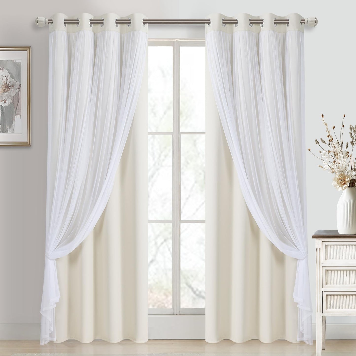 DWCN Layered Curtains, Blackout and Sheer Curtains with Tiebacks, 2 Pieces-7