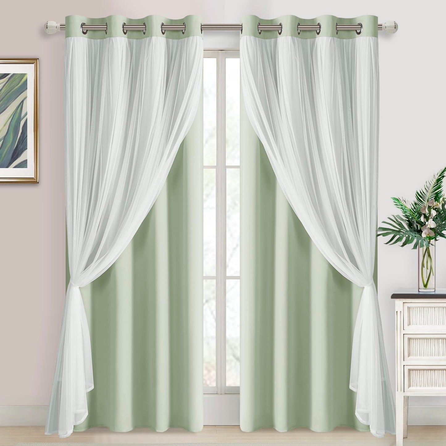 DWCN Layered Curtains, Blackout and Sheer Curtains with Tiebacks, 2 Pieces-11