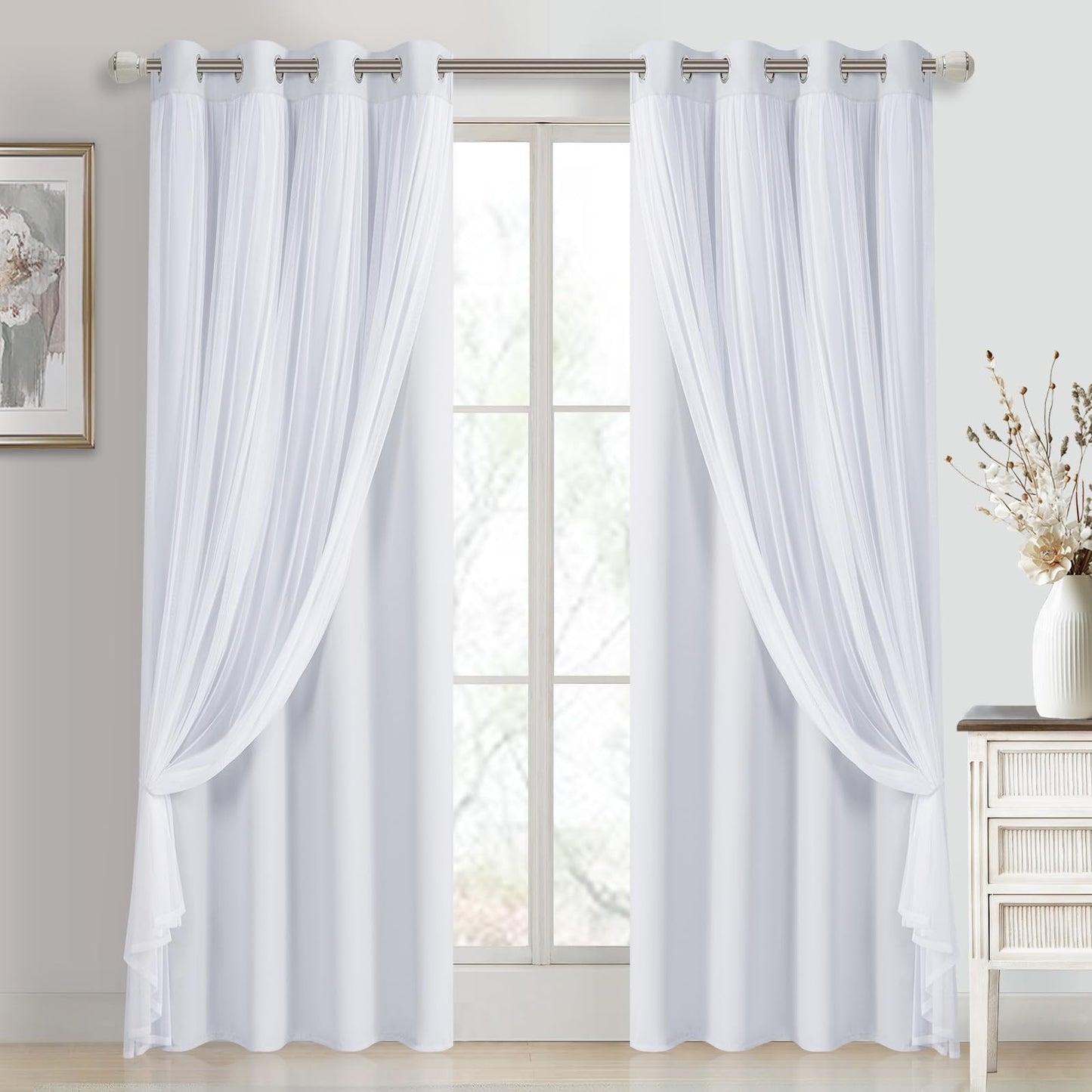 DWCN Layered Curtains, Blackout and Sheer Curtains with Tiebacks, 2 Pieces-6