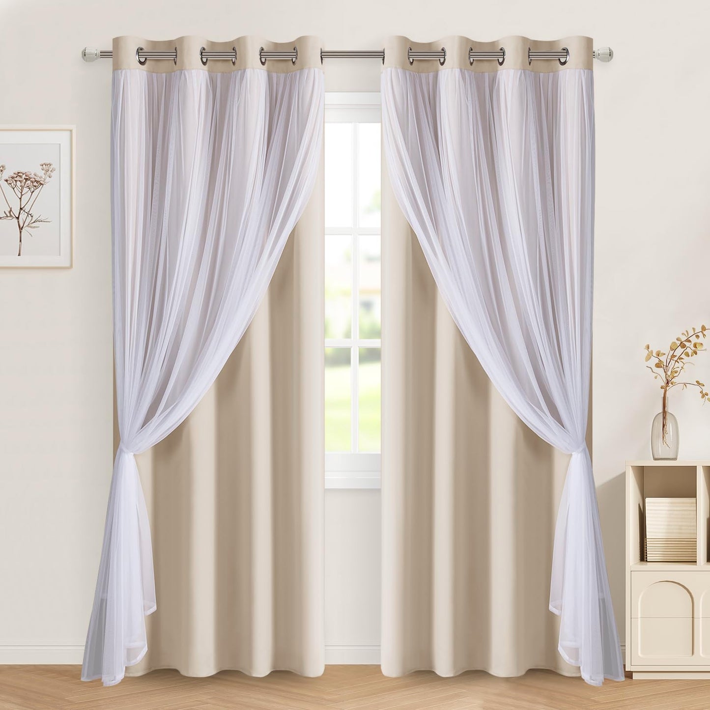 DWCN Layered Curtains, Blackout and Sheer Curtains with Tiebacks, 2 Pieces-3