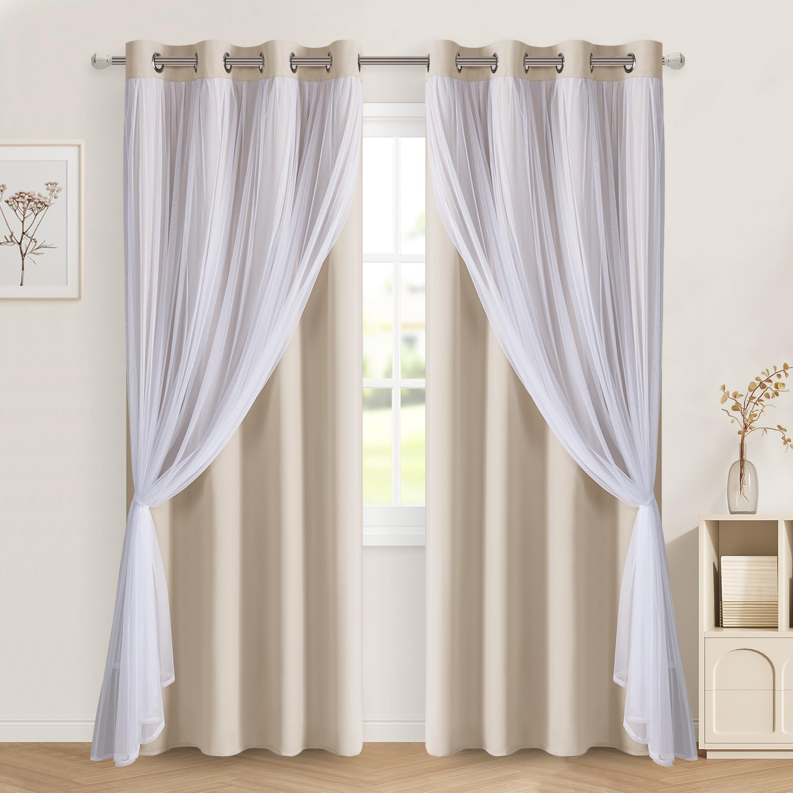 DWCN Layered Curtains, Blackout and Sheer Curtains with Tiebacks, 2 Pieces-3