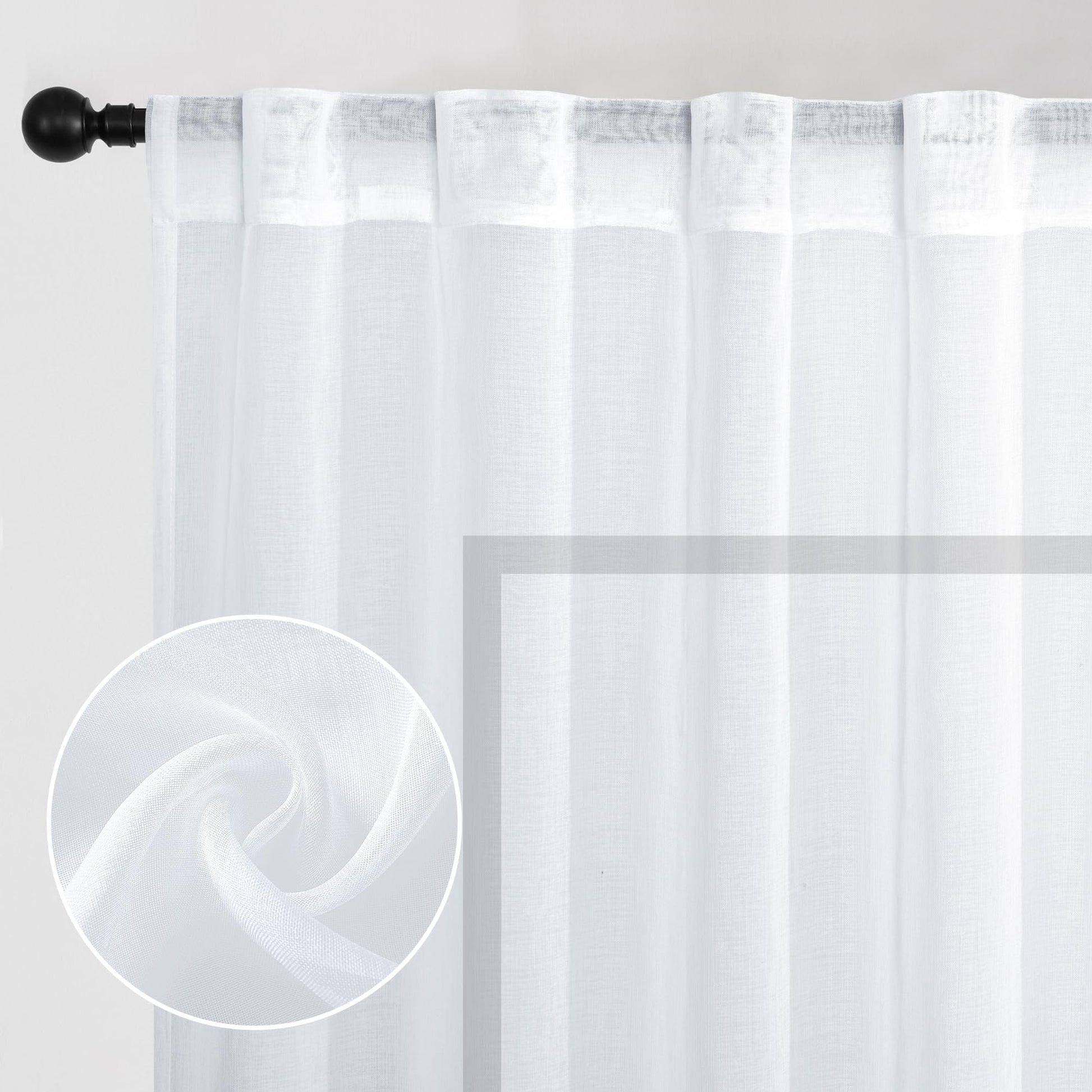 DWCN White Faux Linen Sheer Curtains with Tiebacks, Set of 2 Panels-1