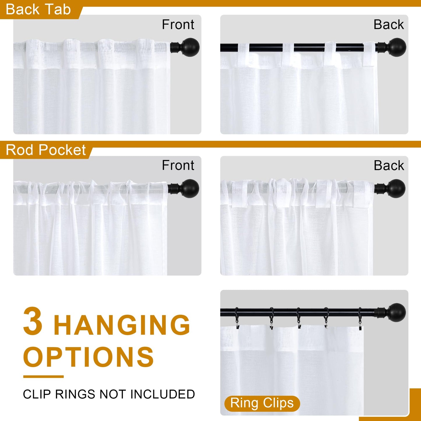 DWCN White Faux Linen Sheer Curtains with Tiebacks, Set of 2 Panels-4