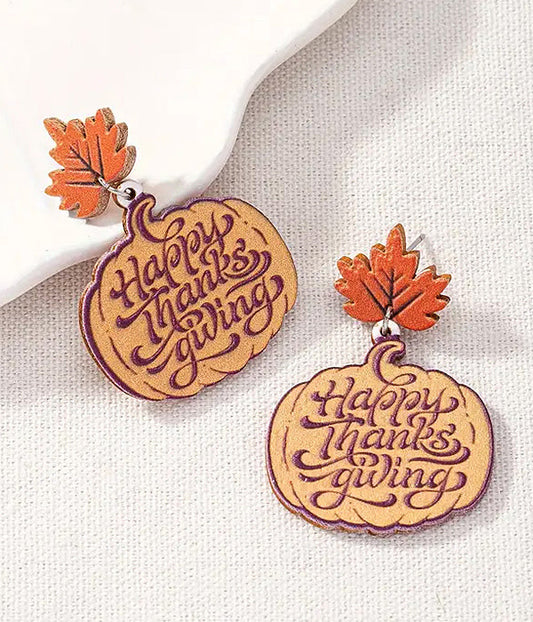 THANKSGIVING THEME WOOD EARRING - PUMPKIN-0