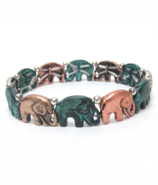 VINTAGE RUSTIC  METAL ELEPHANTS STRETCH BRACELET-0