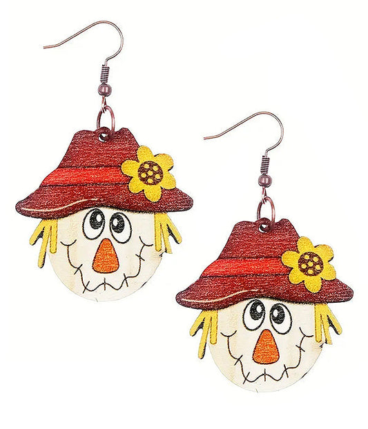 THANKSGIVING THEME WOODEN SCARECROW EARRING-0