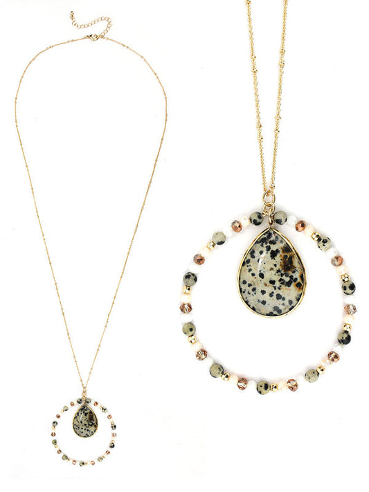 SEMI PRECIOUS TEARDROP AND HOOP PENDANT LONG NECKLACE - DALMATIAN JASPER-0