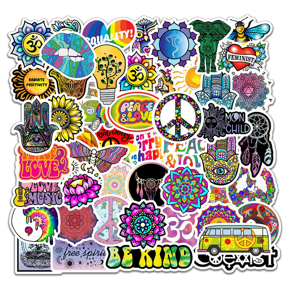 50 Retro Hippie Love and Peace Waterproof Stickers