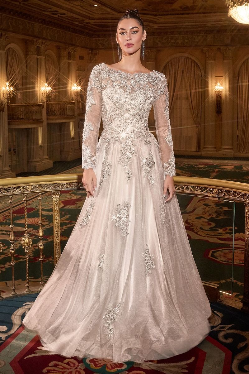 Beaded A-Line Wedding Dress With Long Sleeves-0
