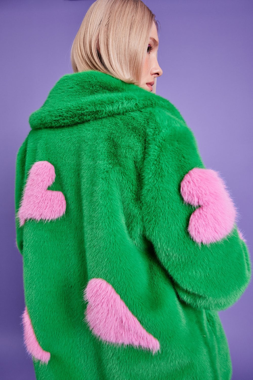 Green Eco Bamboo Faux Fur Coat with Love Heart Detailing-2