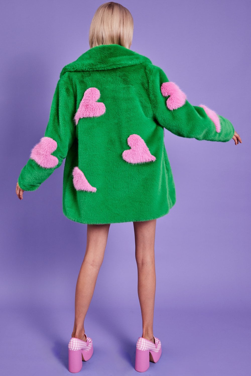 Green Eco Bamboo Faux Fur Coat with Love Heart Detailing-3