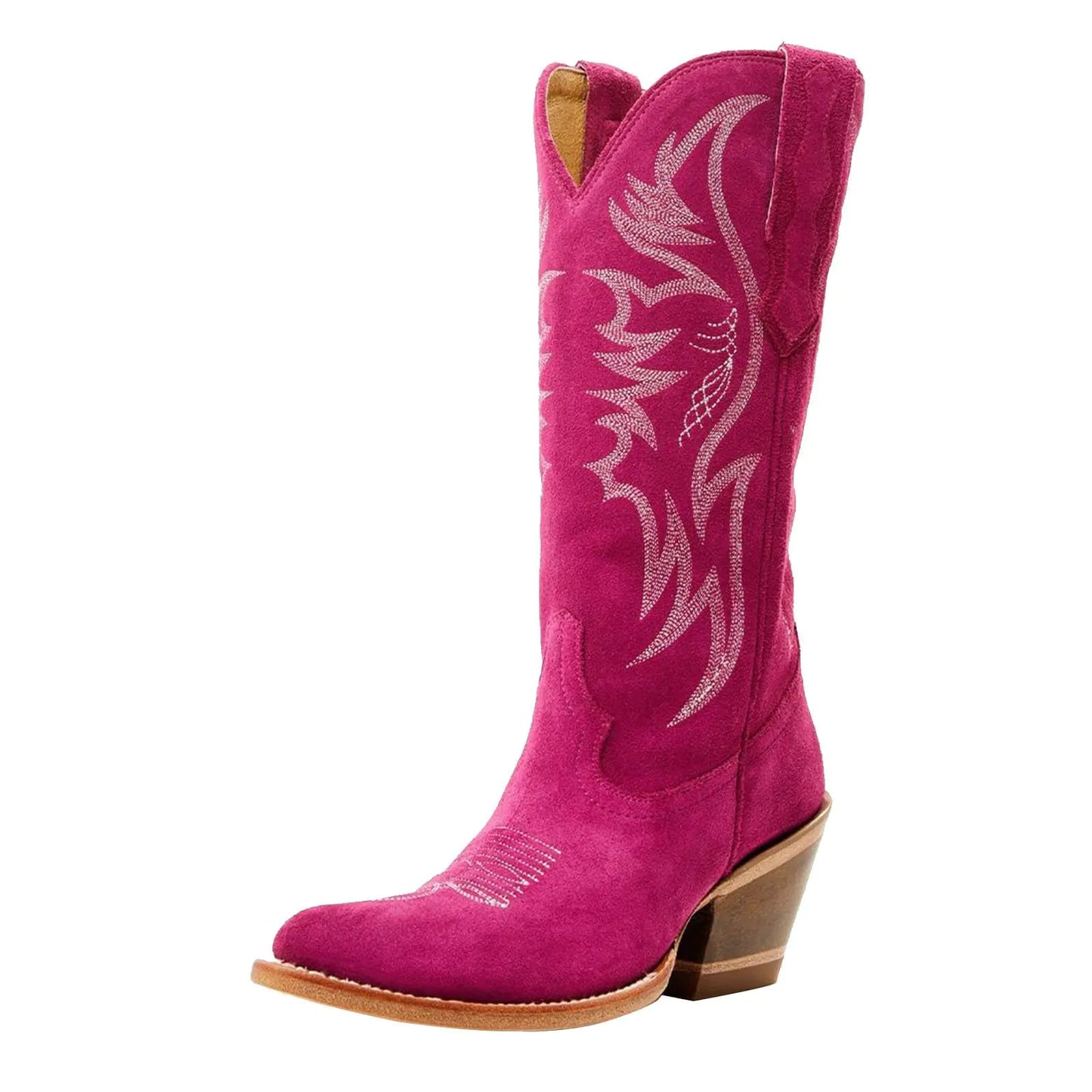 GORBINETI Womens Cowgirl Boots Pull on Cowboy Boots Chunky Block Heel Western Boots Knee High Cowboy Boots Vintage Boots Embroidery Boots Pointed Toe Fashion Boots Suede Pink 5