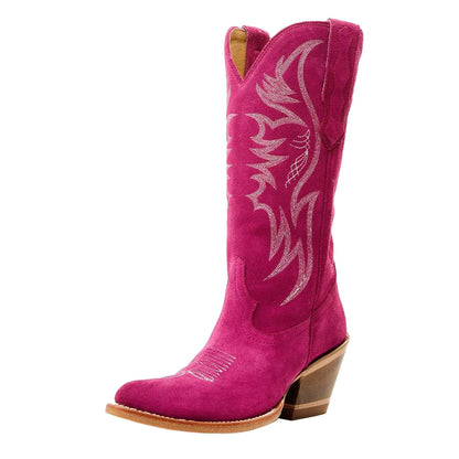 GORBINETI Womens Cowgirl Boots Pull on Cowboy Boots Chunky Block Heel Western Boots Knee High Cowboy Boots Vintage Boots Embroidery Boots Pointed Toe Fashion Boots Suede Pink 5