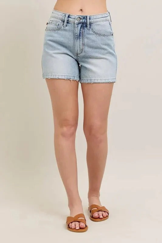 Judy Blue Full Size Frayed Hem High Rise Denim Shorts with Pockets Plus Size-1