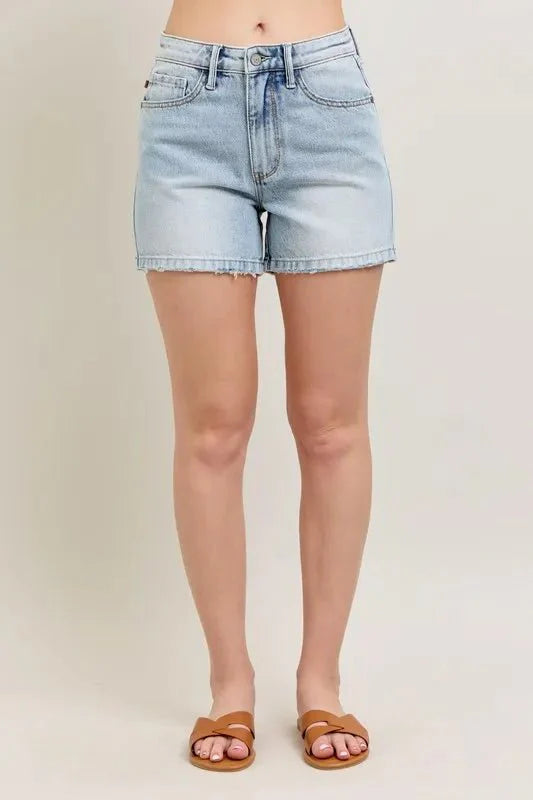 Judy Blue Full Size Frayed Hem High Rise Denim Shorts with Pockets Plus Size-0