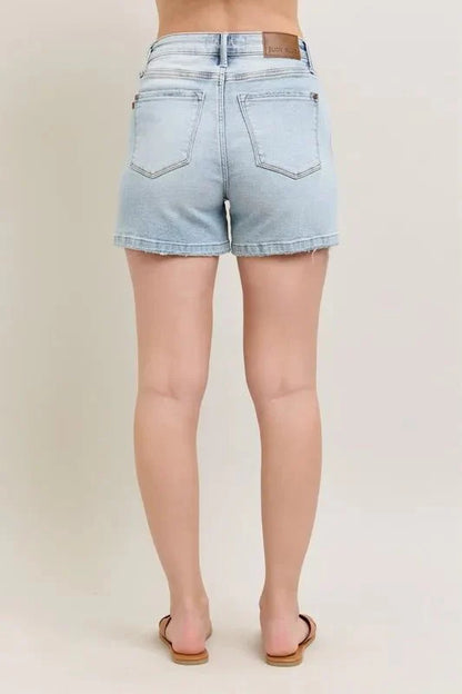 Judy Blue Full Size Frayed Hem High Rise Denim Shorts with Pockets Plus Size-4