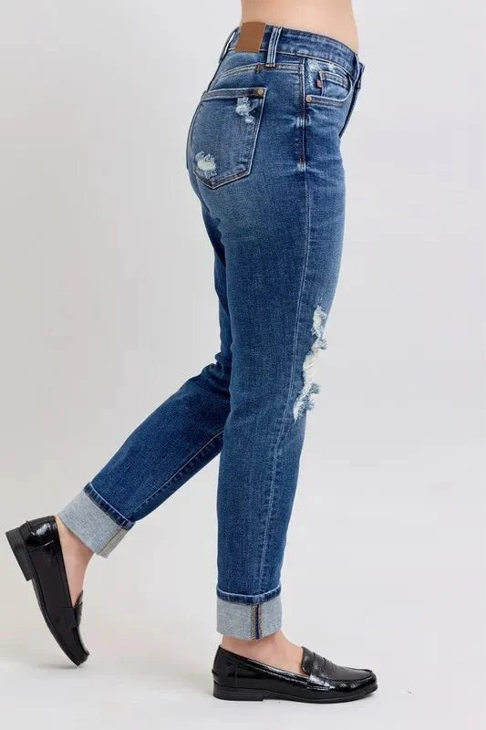 Judy Blue Full Size Mid Rise Boyfriend destroy Jeans with Yoke Pockets and Faux Selvedge Cuff Plus Size-3