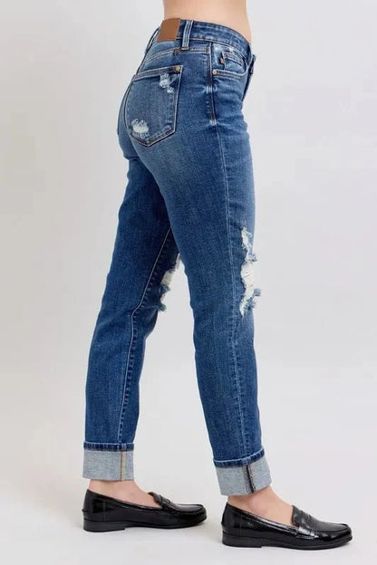 Judy Blue Full Size Mid Rise Boyfriend destroy Jeans with Yoke Pockets and Faux Selvedge Cuff Plus Size-2