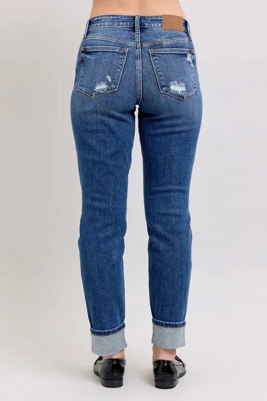 Judy Blue Full Size Mid Rise Boyfriend destroy Jeans with Yoke Pockets and Faux Selvedge Cuff Plus Size-4