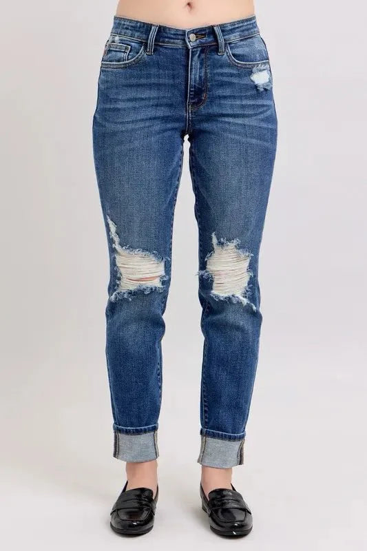 Judy Blue Full Size Mid Rise Boyfriend destroy Jeans with Yoke Pockets and Faux Selvedge Cuff Plus Size-1