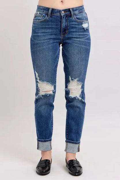 Judy Blue Full Size Mid Rise Boyfriend destroy Jeans with Yoke Pockets and Faux Selvedge Cuff Plus Size-1