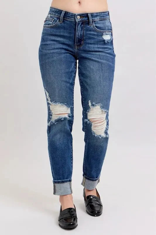 Judy Blue Full Size Mid Rise Boyfriend destroy Jeans with Yoke Pockets and Faux Selvedge Cuff Plus Size-0