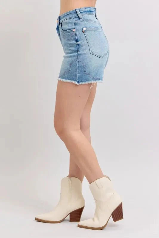Judy Blue High Waist Western Embroidery Detail Cut Off Denim Shorts-2