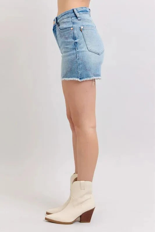 Judy Blue High Waist Western Embroidery Detail Cut Off Denim Shorts-3