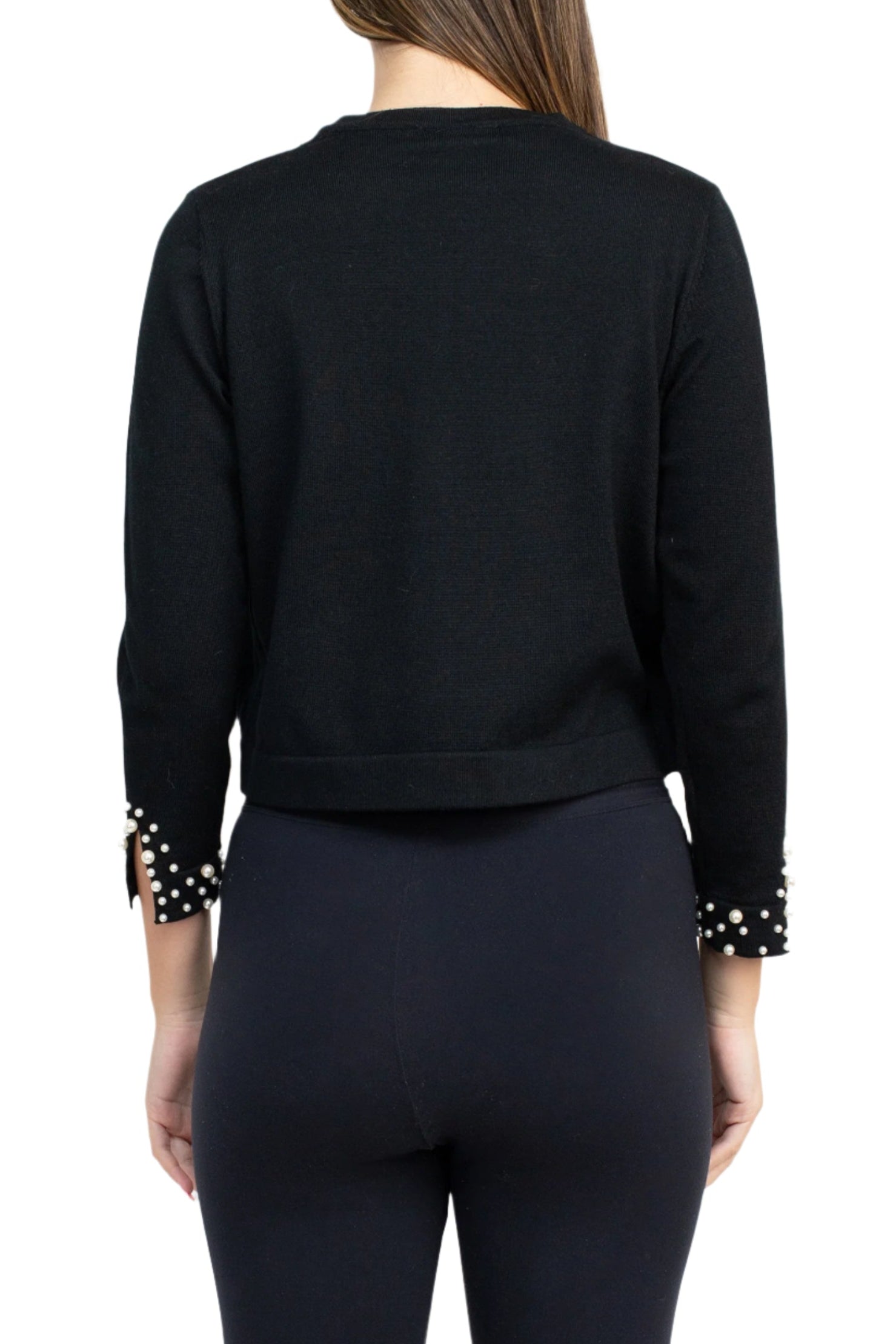 Nina Leonard Crew Neck Hook Closure 3/4 Sleeve Embellished Cuff Solid Knit Jacket-2
