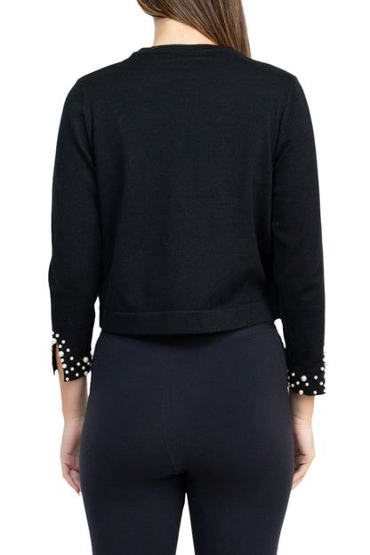 Nina Leonard Crew Neck Hook Closure 3/4 Sleeve Embellished Cuff Solid Knit Jacket-2