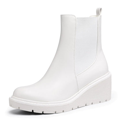 IDIFU IN3 Wedge Chelsea Boots for Women Platform Low Heel Womens Boots Short Lug Sole Round Toe Ankle Boots Fall Dress Fashion Booties Pull On Cute Elastic Heeled Boots(White Pu 7)