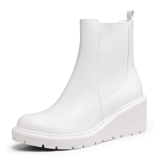 IDIFU IN3 Wedge Chelsea Boots for Women Platform Low Heel Womens Boots Short Lug Sole Round Toe Ankle Boots Fall Dress Fashion Booties Pull On Cute Elastic Heeled Boots(White Pu 7)