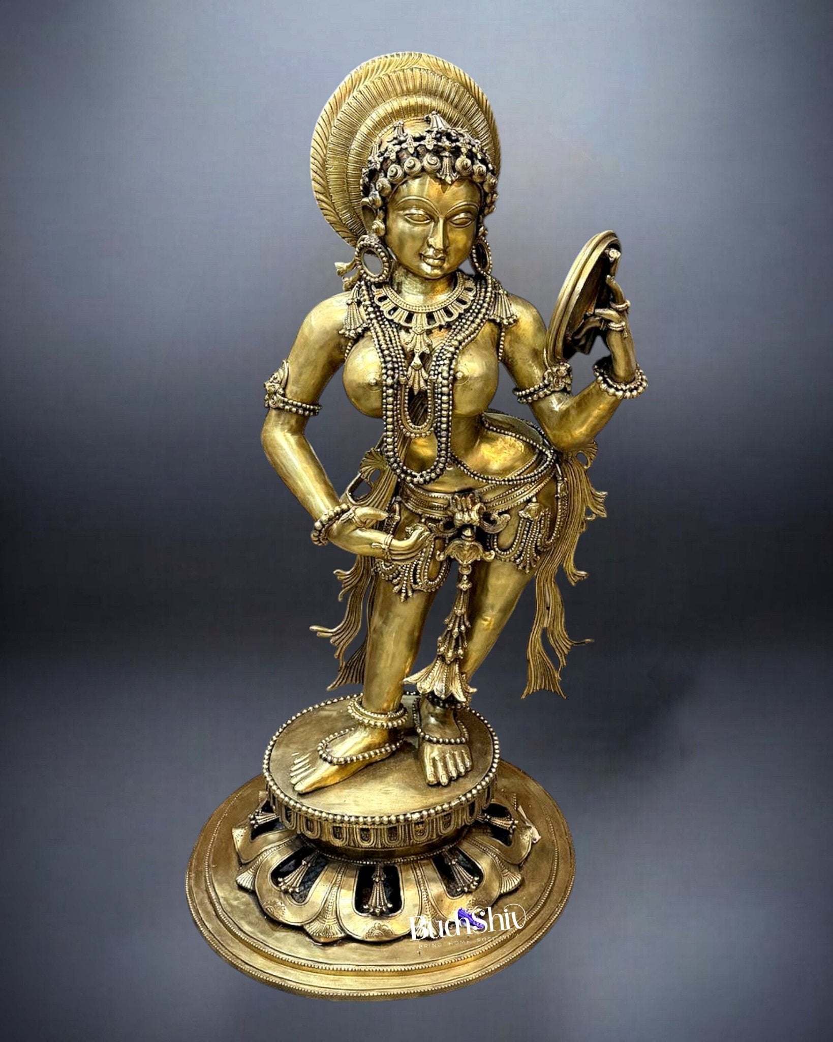 Large Pure Bronze Apsara Holding a Mirror Sculpture 54"-2
