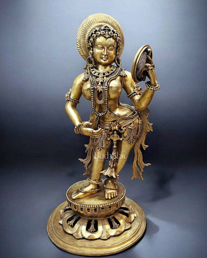 Large Pure Bronze Apsara Holding a Mirror Sculpture 54"-0