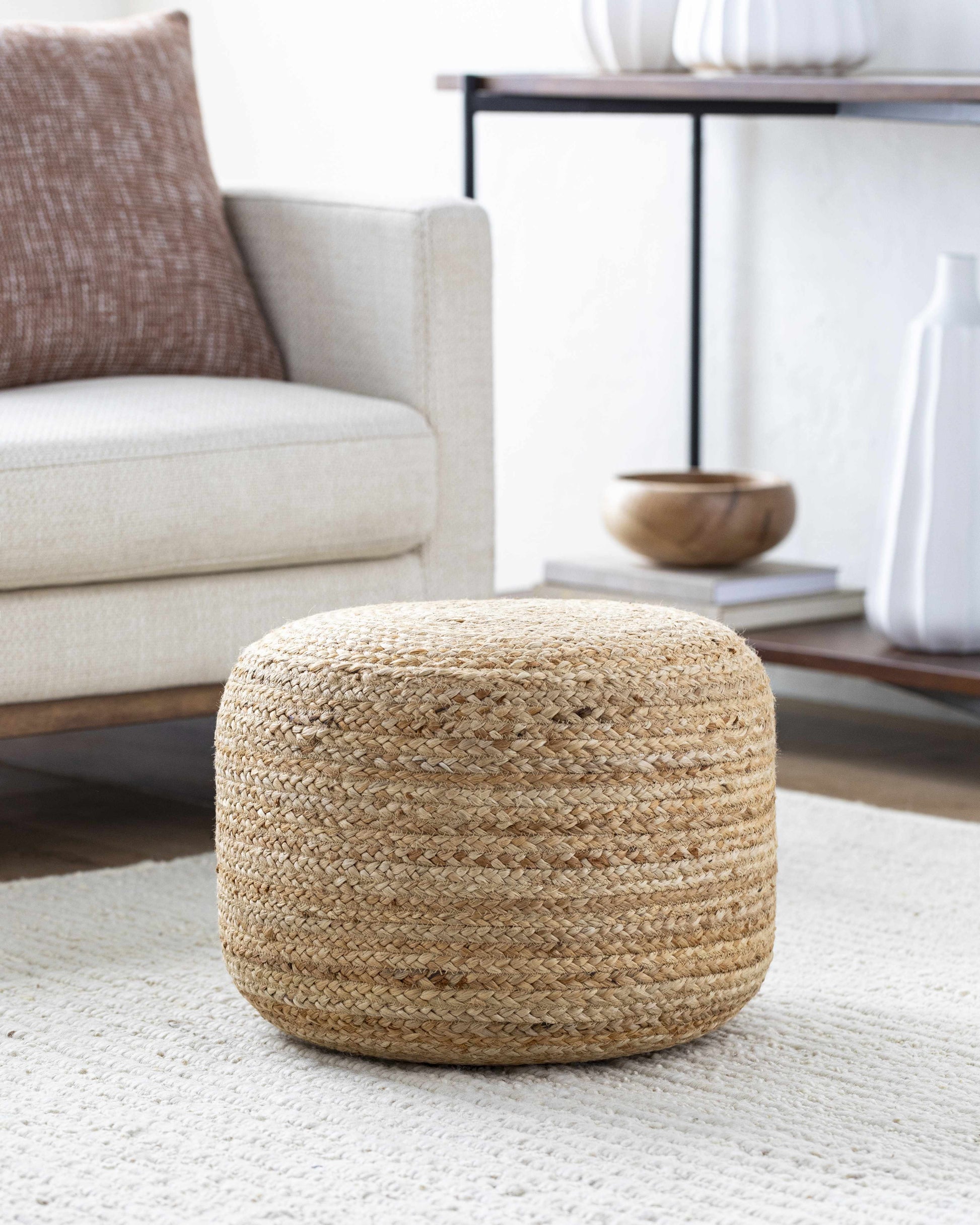 Lavertezzo Brick Red Knitted Beige Cotton Pouf-4