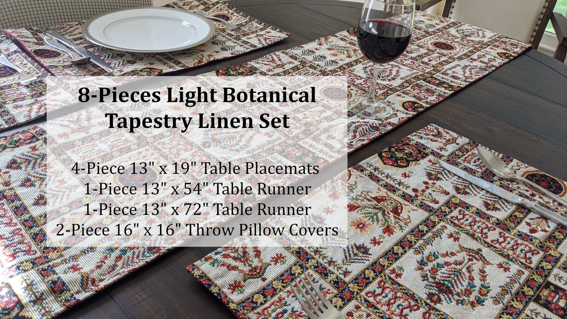 DaDa Bedding Set of 8 Pieces Light Botanical Mughal Floral Table Woven Tapestry - 4 Placemats, 2 Table Runners, 2 Throw Pillow Covers (18196)-1