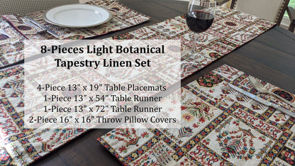 DaDa Bedding Set of 8 Pieces Light Botanical Mughal Floral Table Woven Tapestry - 4 Placemats, 2 Table Runners, 2 Throw Pillow Covers (18196)-1