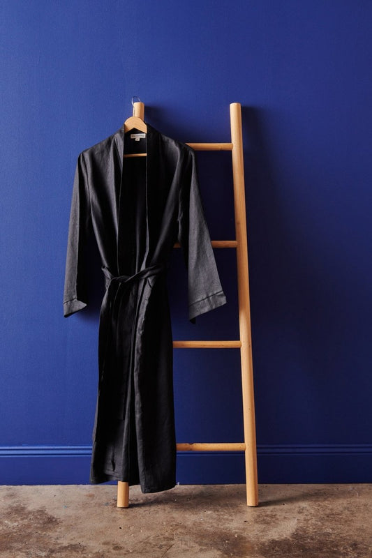 Linen Bathrobe in Black (Long)-0