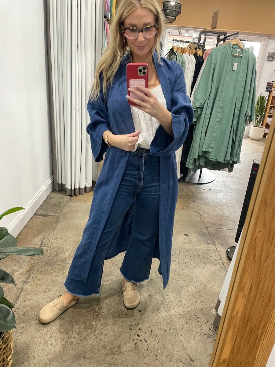 Linen Bathrobe - Navy  (Long)-3