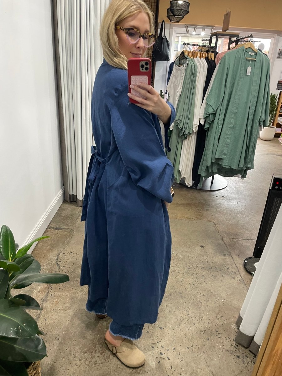 Linen Bathrobe - Navy  (Long)-4