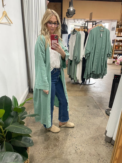 Linen Bathrobe - Sage Green (Long)-4