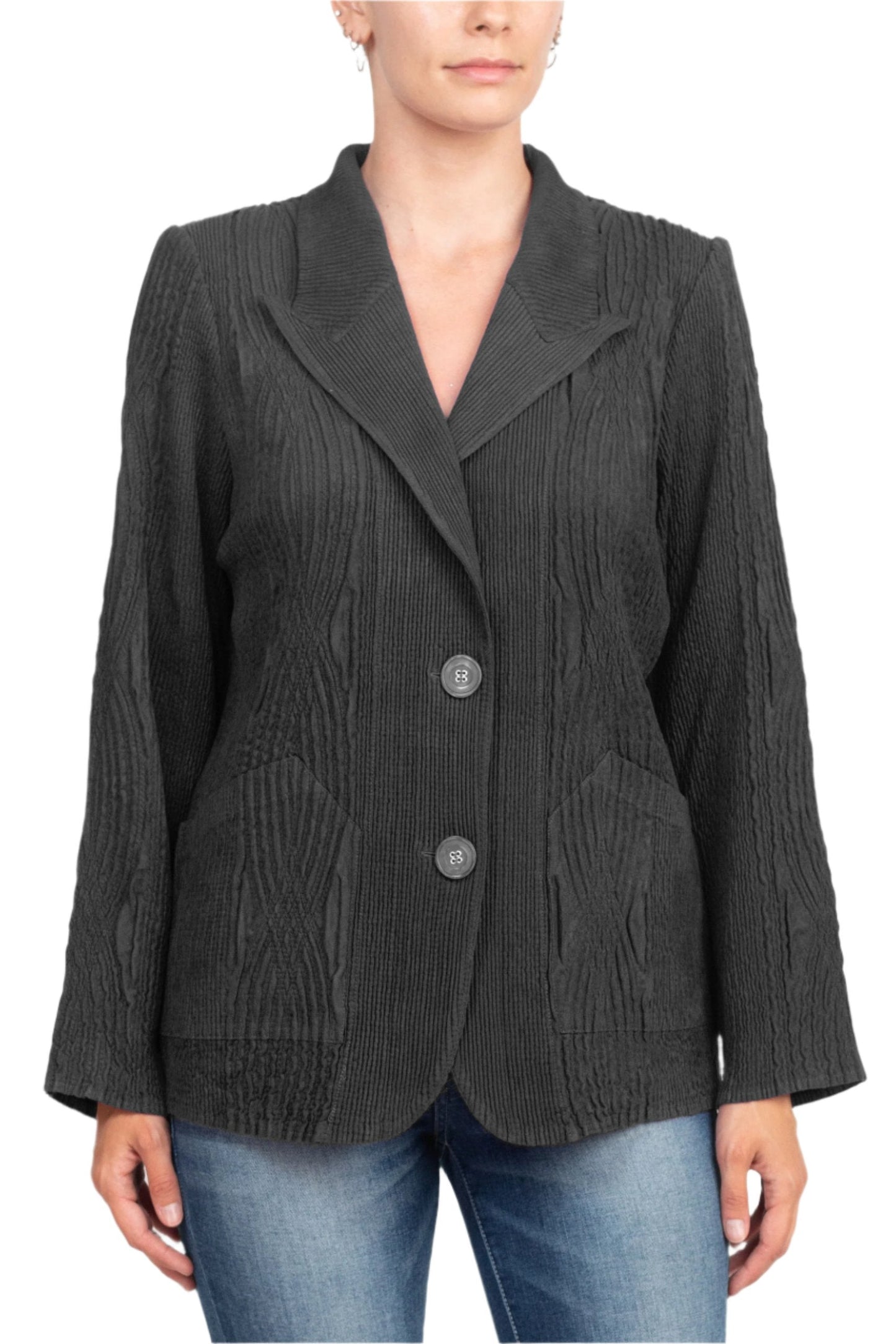 Flair Notched Collar Long Sleeve 2 Button Closure Solid Textured Jacket-4