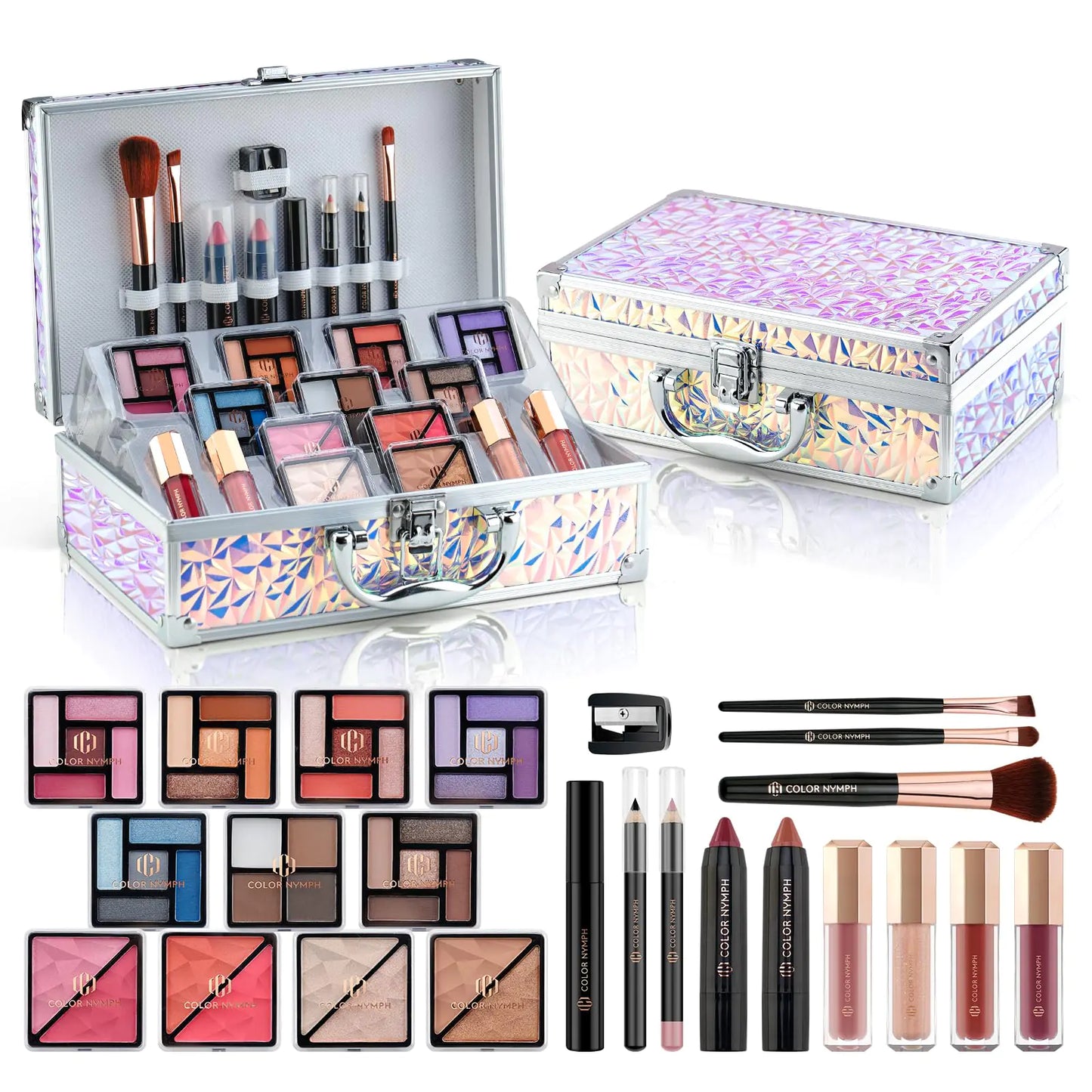 Color Nymph Makeup Kit with Cosmetics Case Train Case Makeup Kits For Teenage Girls Beginner Women Make up Kit Cosmetics Box Includs Eyeshadow Lipstick Blush Lipgloss Mascara and Tools -Dreamy Silver