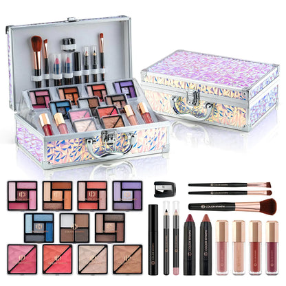 Color Nymph Makeup Kit with Cosmetics Case Train Case Makeup Kits For Teenage Girls Beginner Women Make up Kit Cosmetics Box Includs Eyeshadow Lipstick Blush Lipgloss Mascara and Tools -Dreamy Silver